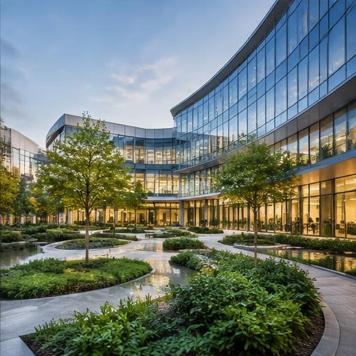 Contemporary architecture and green surroundings, illustrative photography